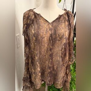 a.n.a Brown Snake-Print Sheer Ruffle Blouse